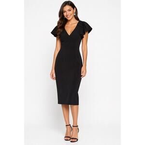Badgley Mischka Black Flutter Sleeve Midi Dress Size 6 Cocktail Wedding Guest